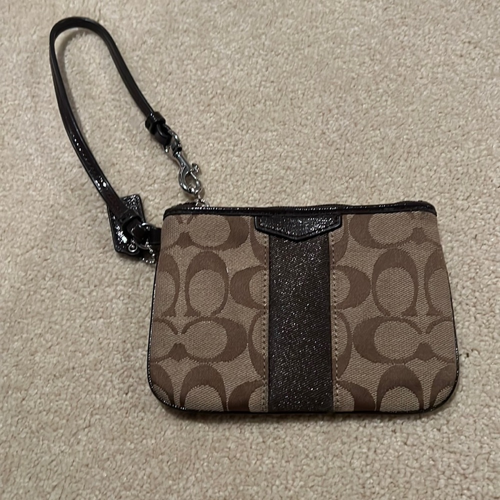 Brown and Tan Coach Wristlet